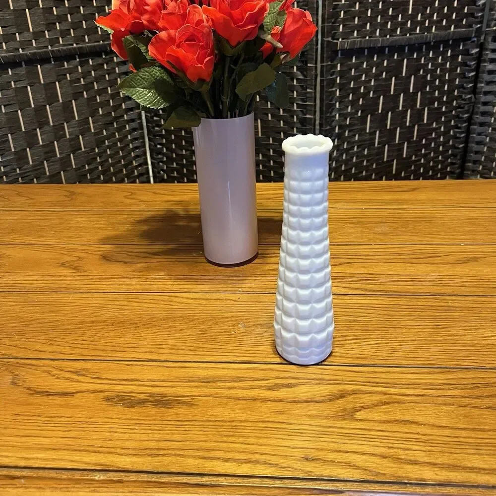 Vintage E.O. Brody Milk Glass Vase-Waffle/Hobnail Design- 8.5”